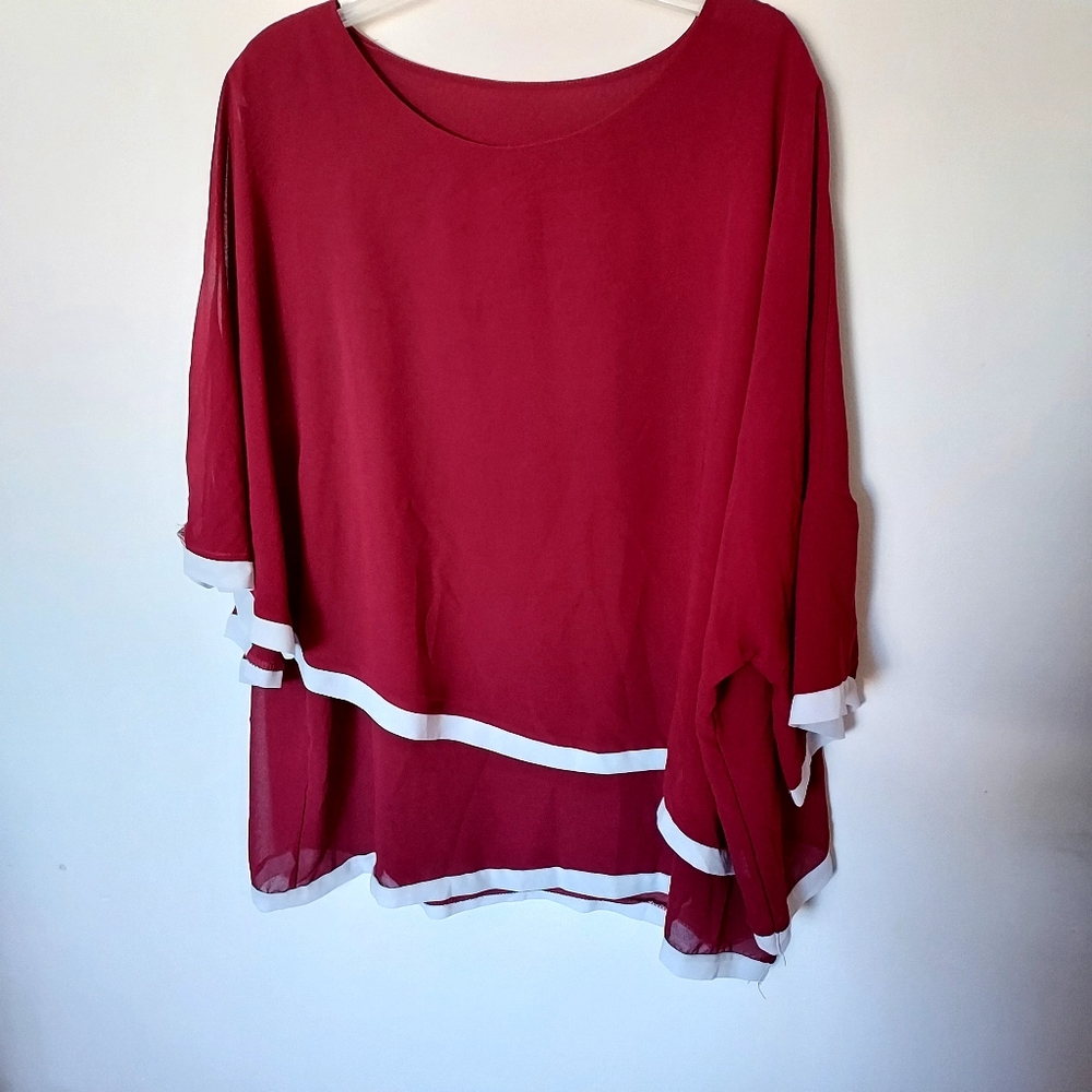 Flowy Burgandy Semi sheer asymetrical Flutter Sleeve top 2XL Feminine Chic